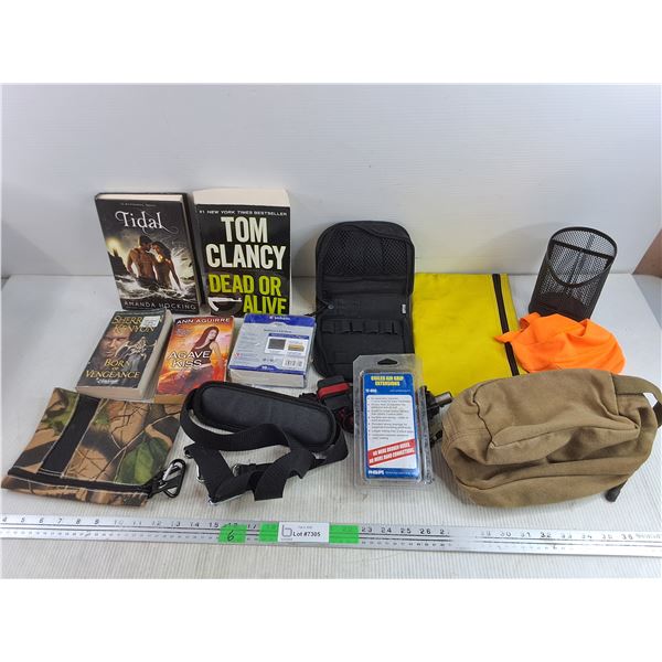 Books, Forehead LED Light, CD/DVD Storage Cases, Coiled Air Grip Extensions,  Misc Bags
