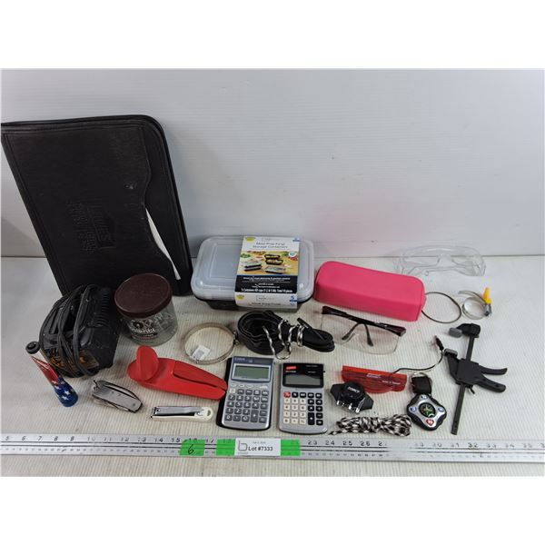 DeWalt Battery Charger, Calculators, Food Containers, 8" Bar Clamp, Safety Goggles, Pocket Knife