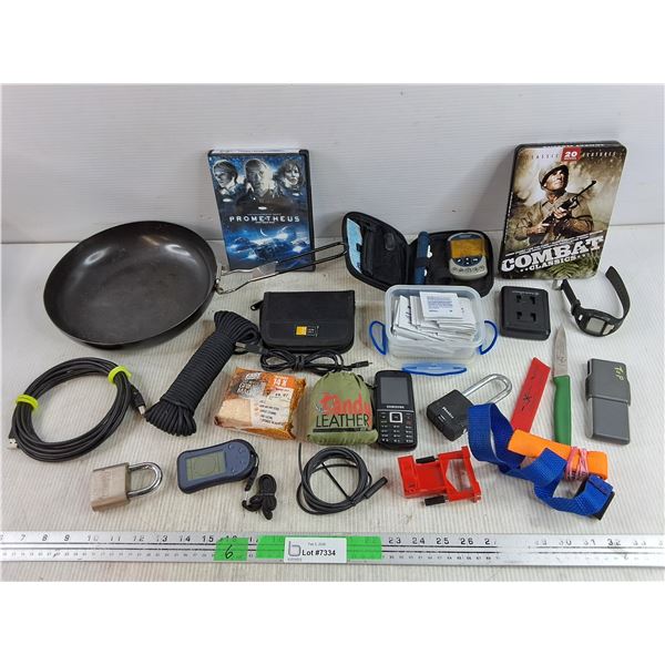 10" Frying Pan, Blood Sugar Tester, Digital Watch, Samsung Phone, Kitchen Knife, Grime Magnet, Misc