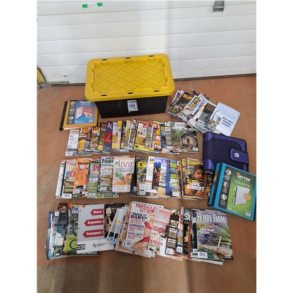 *Assorted Magazines - Survivalist, Penthouse Letters, Hobby Farms, Binders, Durabilt Tote