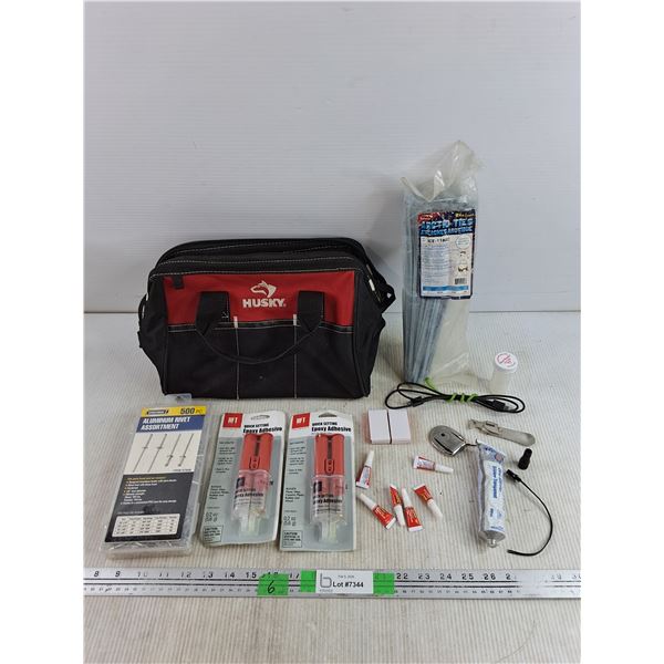 Husky Tool Bag, Aluminum Rivet Assortment, HFT 5 Minute Epoxy Adhesive, Bottle Opener, Arctic Ties