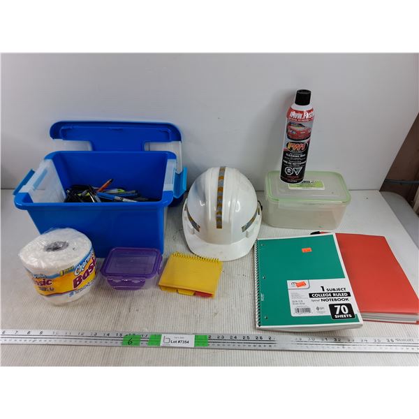 Assorted Pens & Sharpies, Hard Hat, Notebooks, Toilet Paper, FW1 Cleaning Wax, Plastic Containers