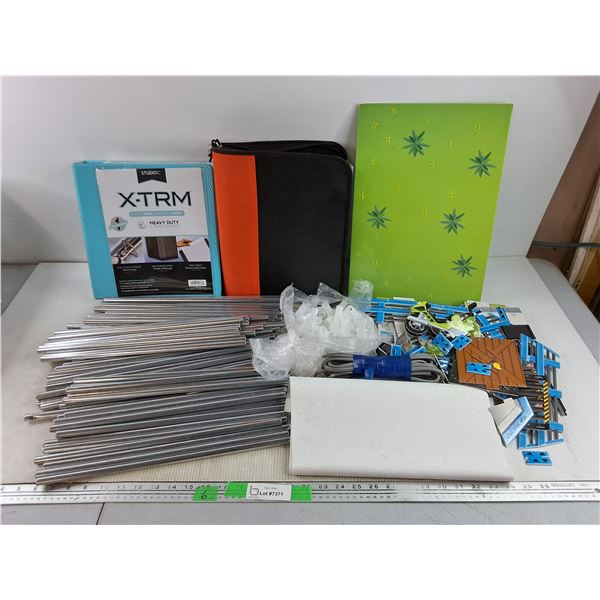Heavy Duty Binders, Metal Pipes 15 1/2", Plastic Couplers, 3D Puzzle, Cord, Misc, AS IS