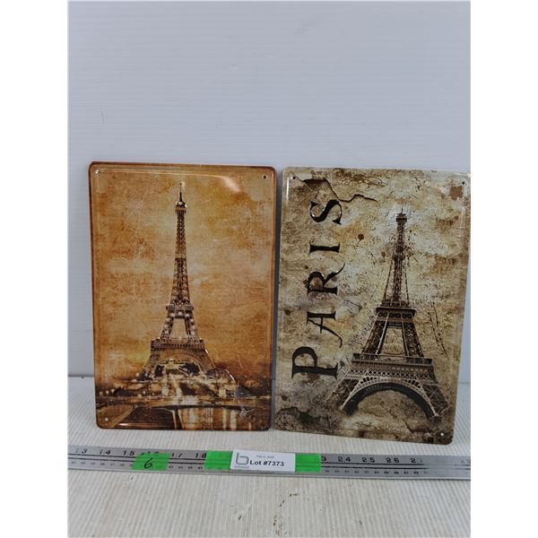 (2) Metal Paris Eiffel Tower Signs - 12" x 8"