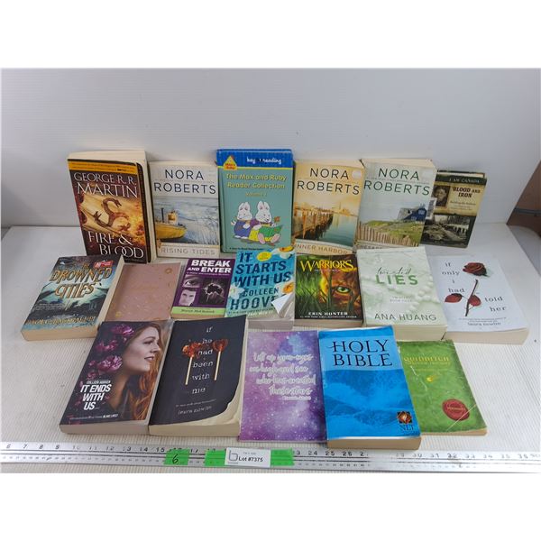 Assorted Books - Nora Roberts, Paolo Bacigalupi, Holy Bible, Laura Nowlin