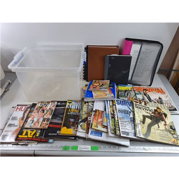 Plastic Container, Binder, Notebooks, Assorted Magazines - OffGrid, Hustler, Survival Guide