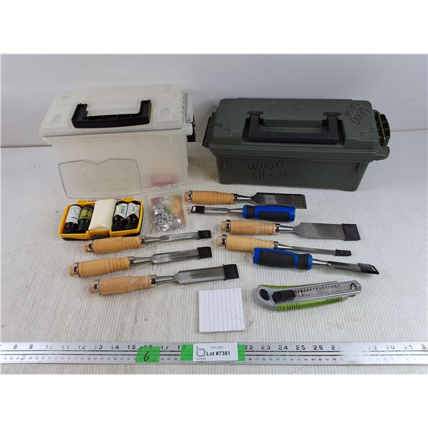 Wood Chisels, Utility Knife, Essential Oils, Notepad, Plastic Tool Boxes