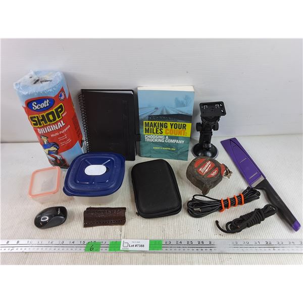 Shop Towels, 30ft Milwaukee Measuring Tape, Kitchen Knife, Logitech Mouse, Misc - As Is