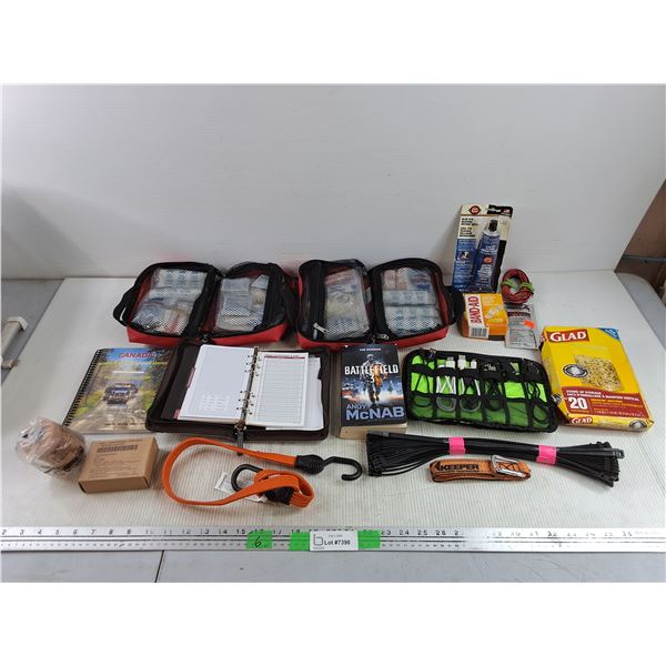 (2) First Aid Kits, Bungee Cord, Charging Cords, Blue RTV Silicone, Compressed Fuel, Misc