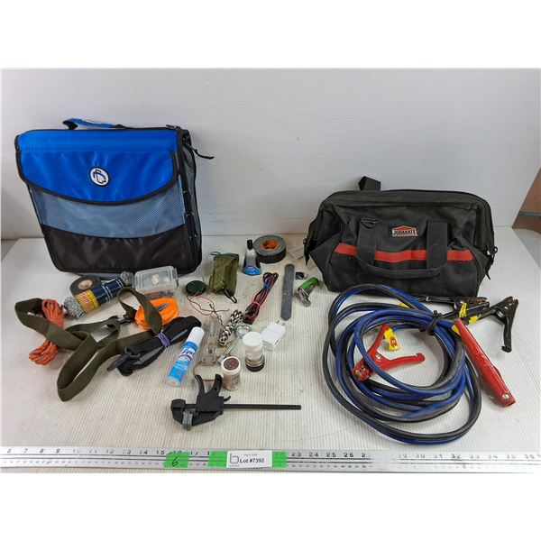 Case It Binder, Jumping Cables, Jobmate Tool Bag 12" x 8" x 8", 8" Bar Clamp, Misc