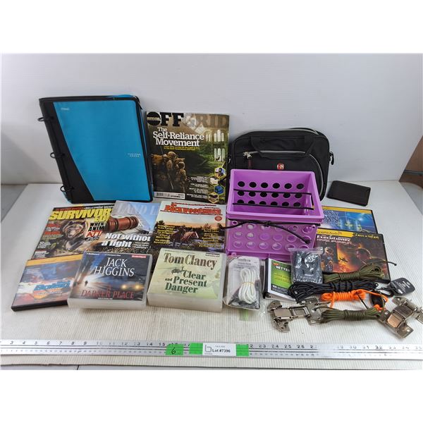Swiss Gear Wallet, Binder, Laces, Magazines - Land Line, Off Grid, Audio CDs, Swiss Bag, Misc
