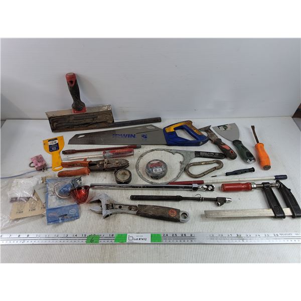 Irwin Handsaw, Screwdriver, Tire Pressure Gauge, Bar Clamp, Putty Knife, Adjustable Wrench, Misc