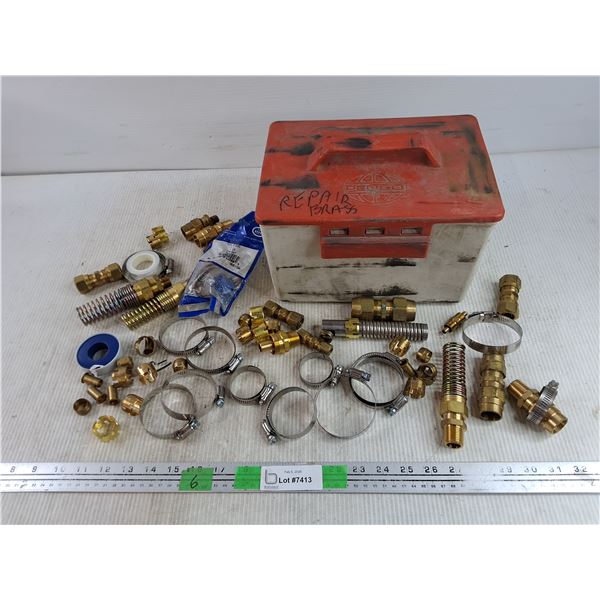 Pengo Plastic Box 10" x 8" x 7", Brass Plumbing Fittings, Worm Clamps, Pig Tail 90⁰