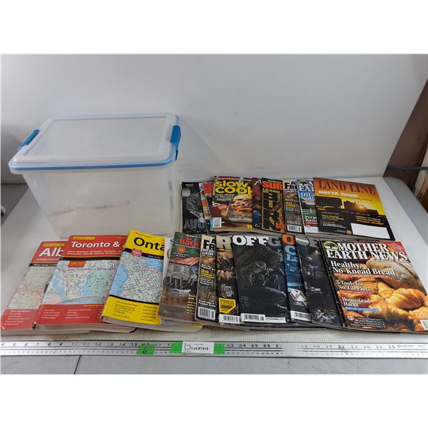 Assorted Magazines - Off Grid, Canada Maps, Land Line, Mother Earth News, Plastic Tote w/Lid