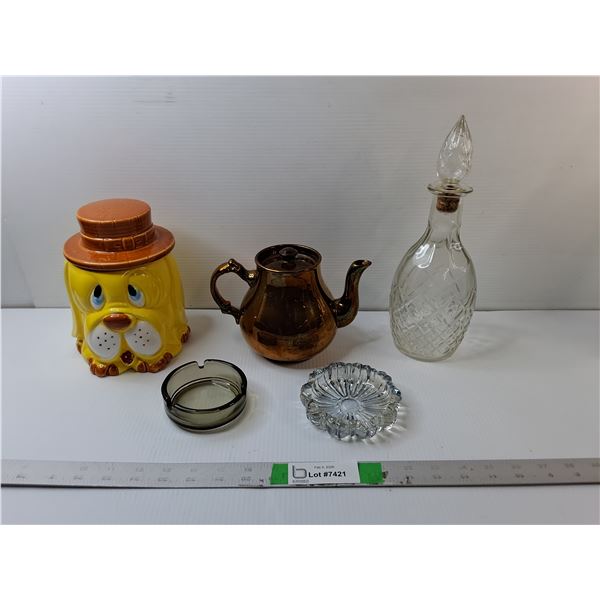 Glass Decanter 11.75", Dog Style Ceramic Cookie Jar, (2) Ashtrays, Misc.