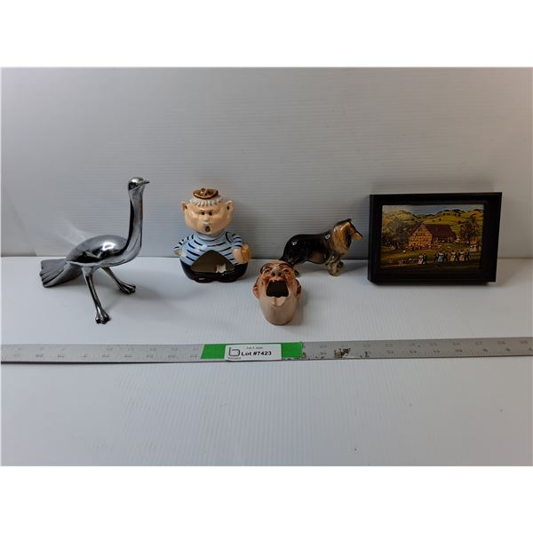 (2) Ceramic Ashtrays, Metal Bird Figurine 8" Tall, Misc.