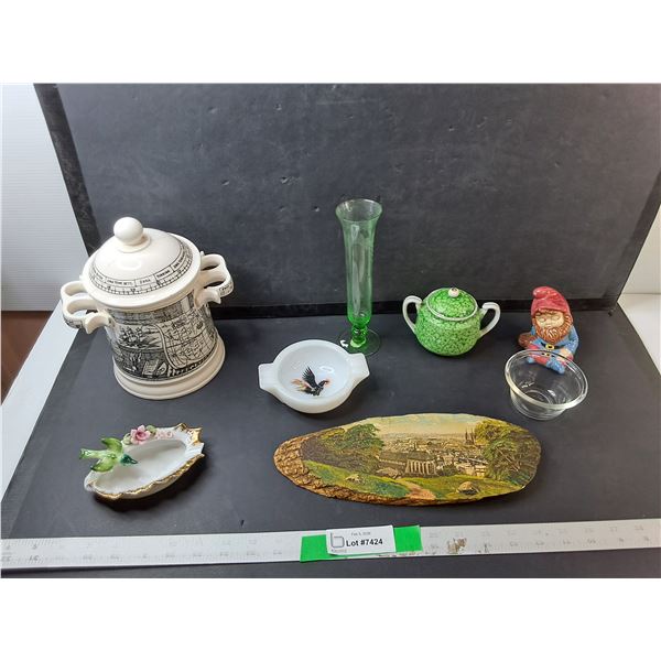 Milk Glass Ashtray, Bud Vase 8.25", Ceramic Cookie Jar, Misc.