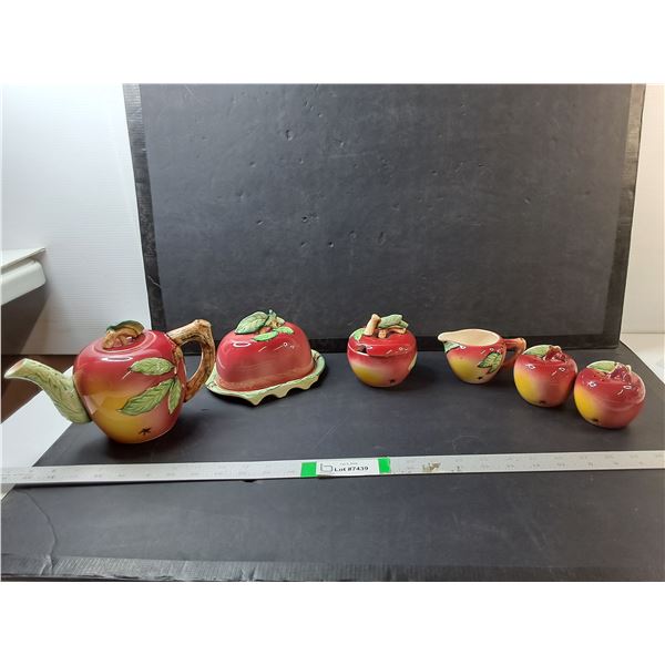 Ceramic Apple Style Dish Set- Teapot, Salt & Pepper Shakers, Butter Dish, Misc.