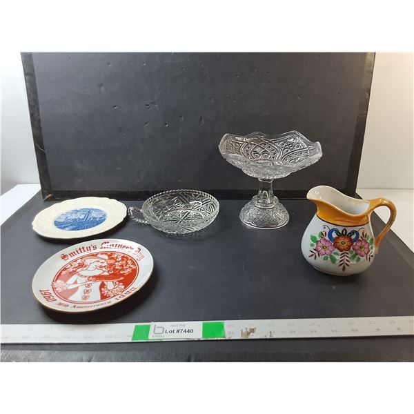 (2) Glass Candy Dishes, Souvenir Plates, Ceramic Creamer