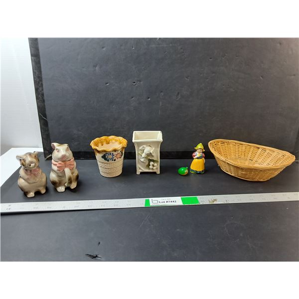 Rabbit Style Creamer & Sugar Dish, (2) Ceramic Planters, Wicker Basket, Misc.