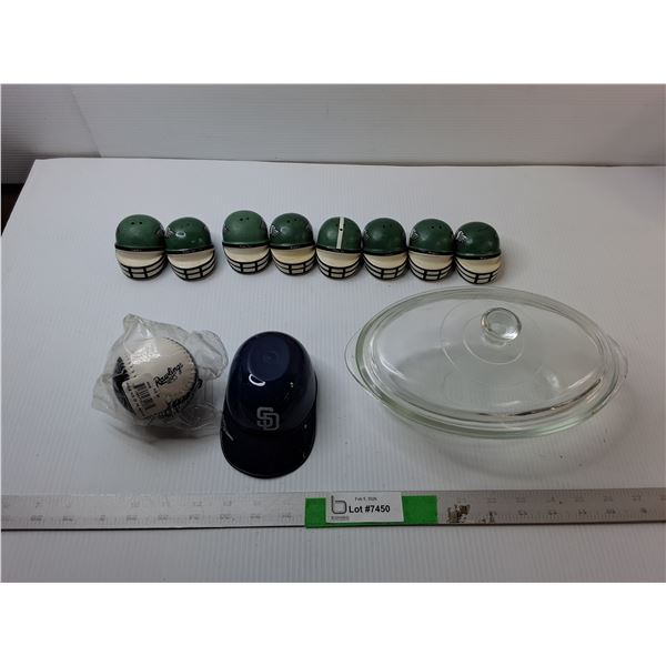 (4) Sets of Sask. Roughrider Helmet Salt & Pepper Shakers, Glass Casserole Dish, MLB Souvenir Ball, 