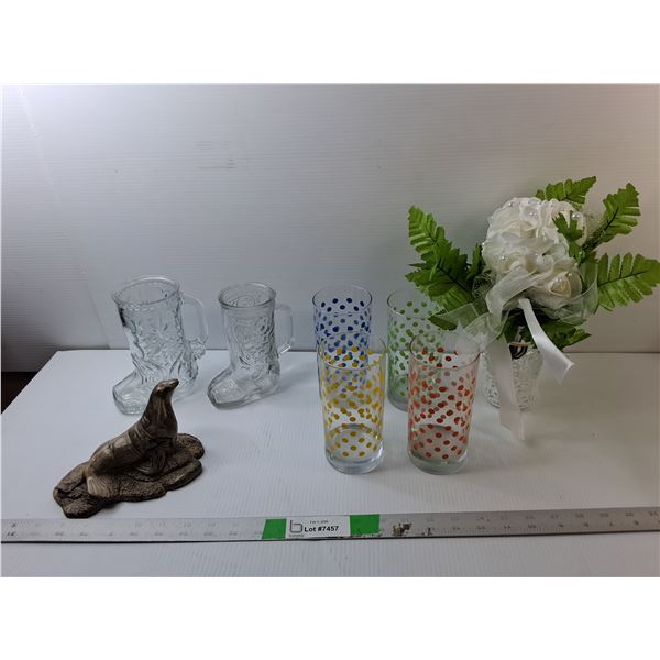 Artificial Rose Bouquet, Resin Seal Figurine, Boot Mugs, Misc.