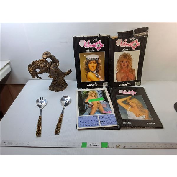 Ceramic Cowboy Statue 10.5" Tall, Serving Spoon & Fork, (4) Expired Vibration Calendars