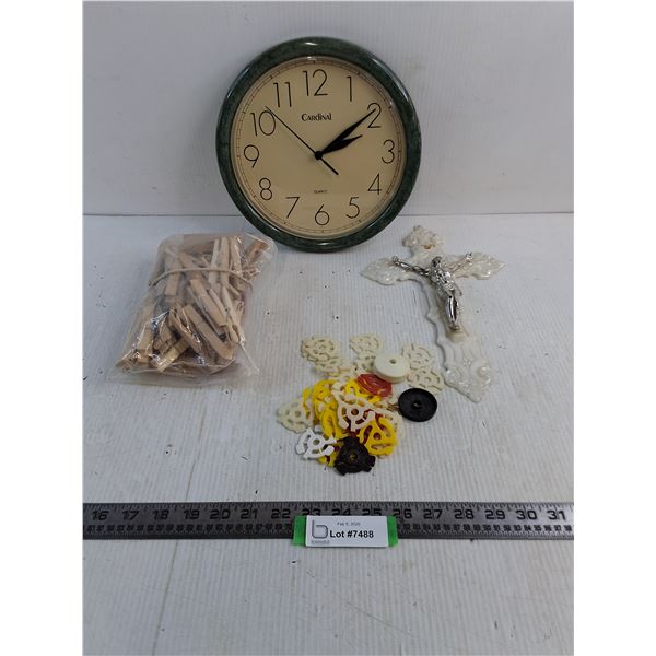 Cardinal Wall Clock - Working, Plastic Religious Crucifix, Clothes Pins, Record Adaptors