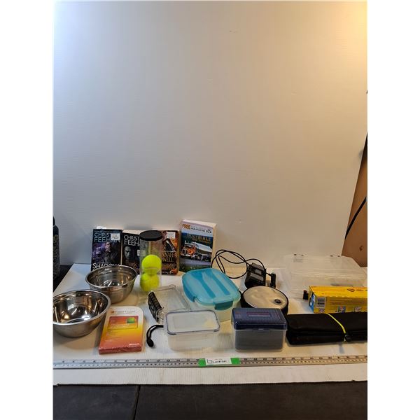 (4) Novels, (2) Stainless Steel Bowls, (2) Tennis Balls, Food Packing Containers, Index Cards, Misc