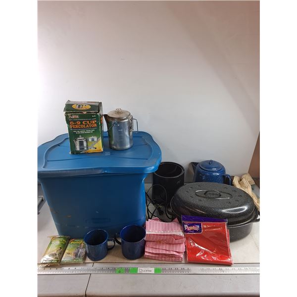 Sunbeam Humidifier - As Is, Enamel Tea Pot & Mugs, Percolator, Broiler, Emergency Poncho, Tote w/Lid