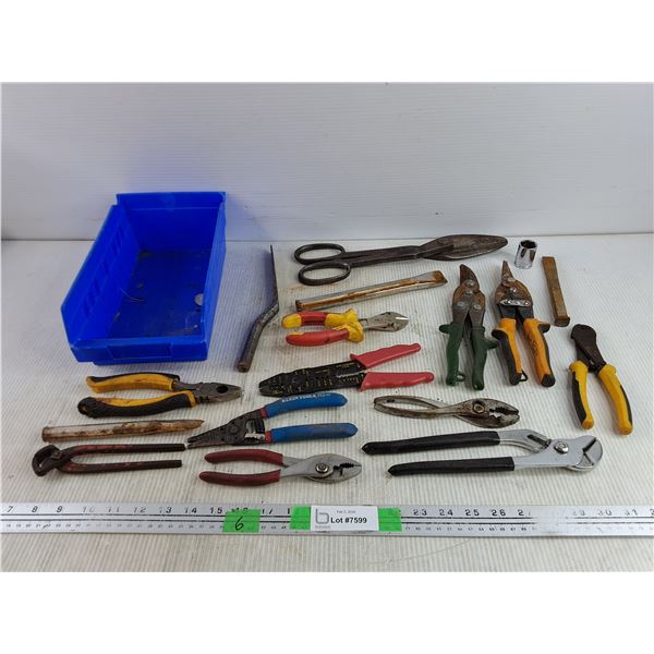 Tin Shears, Pliers, Chisels, 20mm Socket, Wire Strippers, Plastic Bin