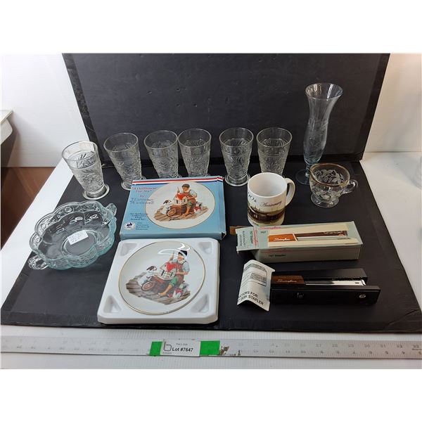 Depression Style Glasses & Candy Dish, Vase, Norman Rockwell Plate, Misc.