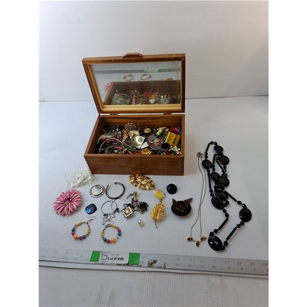 Wooden Jewelry Box 10.75" x 6.75" x 4.25" & Jewelry- Pins, Earrings, Necklaces