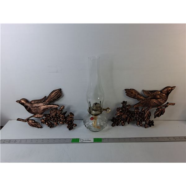 (2) Plastic Bird Style Wall Decorations & Glass Oil Lamp 15" - PICK UP