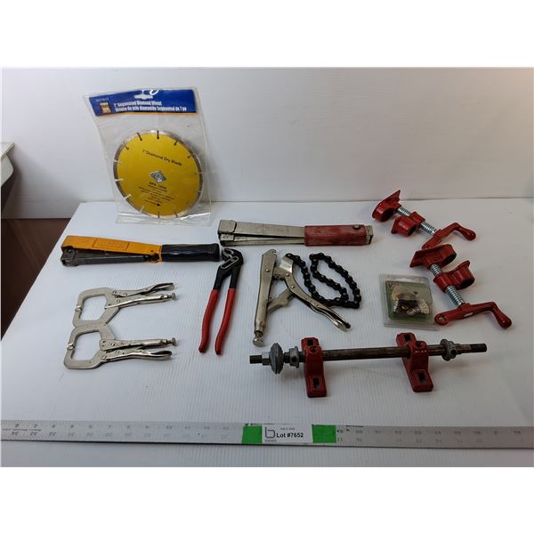Princess Auto 7" Diamond Dry Blade, C Clamps, Iron Pipe Clamps, Misc.