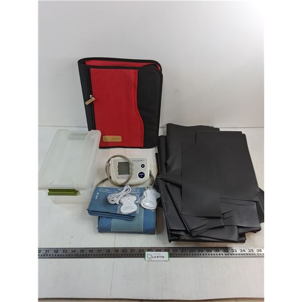 Life Source Blood Pressure Tester, Storage Bin, Reebok Notebook, Bulk Scraps of Rubber Matting