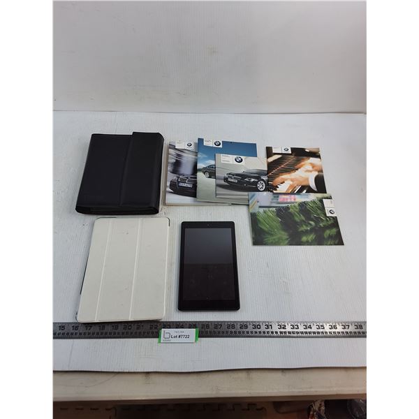 I-Pad, Amazon Tablet - Both As is, BMW Owners Manual Case & Spec Booklets