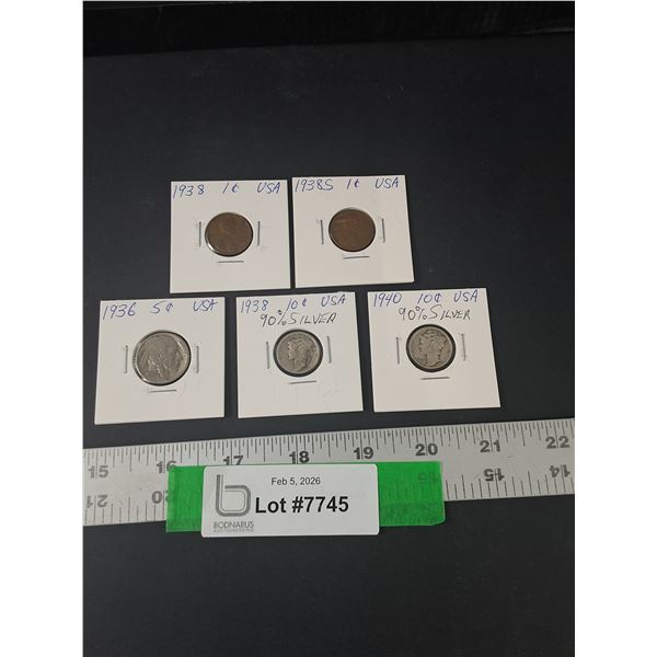 American Coin Lot, (2) Mercury Dimes, (2) Wheat Pennies, (1) Buffalo Nickel, 1936-40