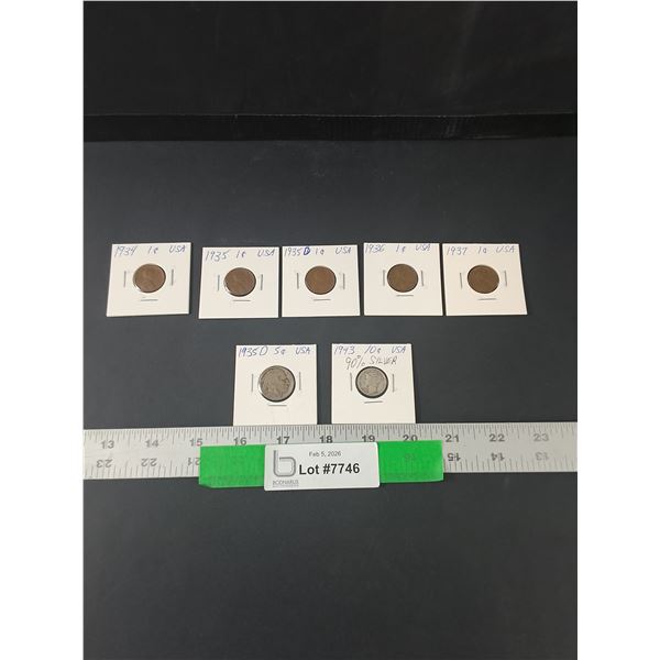 American Coin Lot, (5) Wheat Pennies, (1) Mercury Dime, (1) Buffalo Nickel, 1934-43