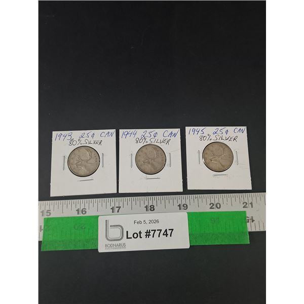 (3) Silver Canadian Quarters, 1943-45
