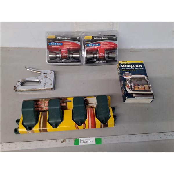Master Lock Doorknob Kits, Vehicle Storage Net, Staple Gun, Garden Tool Hanger