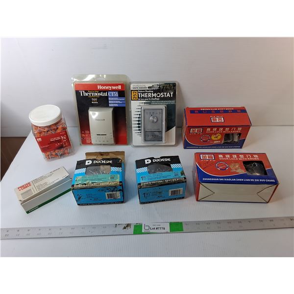 (2) Thermostats- Sealed, Roofing Nails, (2) Doorknob Kits, Misc.
