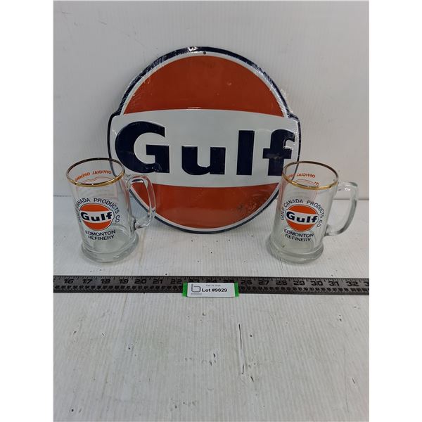 Sealed Metal Gulf Novelty Sign, Gulf "Edmonton Refinery" Beer Mugs