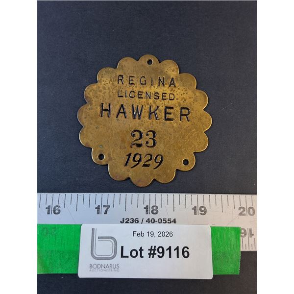 Rare Vintage 1929 Regina Licensed Hawker Brass Tag