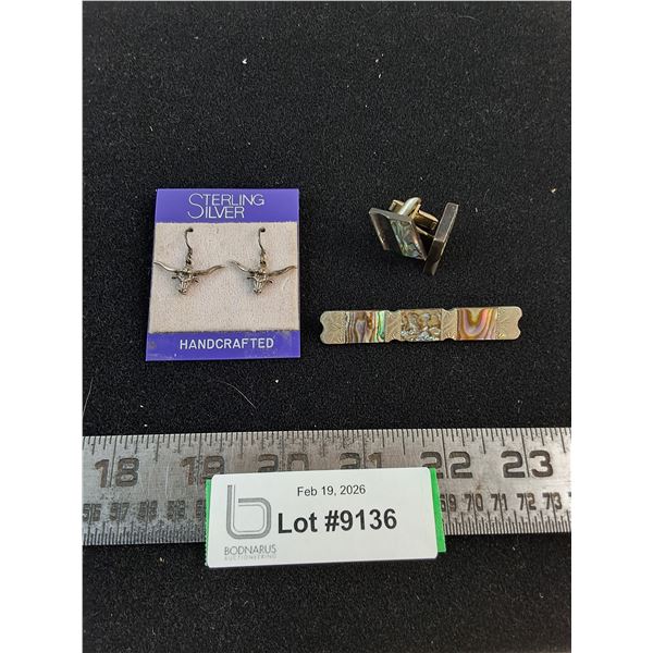 Silver Jewelry (Cuff Links, Brooch, Texas Longhorn Earrings)
