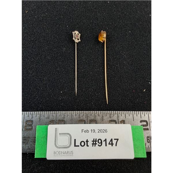 ^ (2) Vintage Gold Lapel Pins (Red Stone = 14k, Amber Stone = 10k)