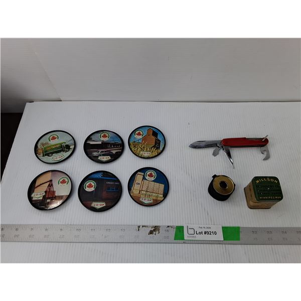 Metal Co-op Coasters, Typewriter Ribbon & Pocket Multitool