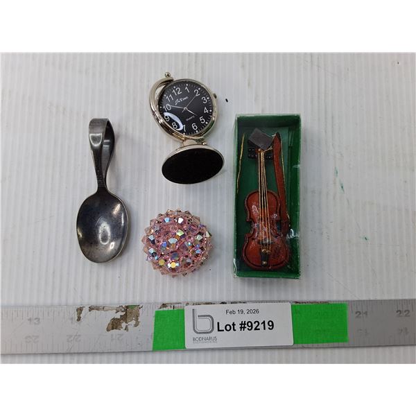 Miniature Wooden Violin, Brooch, Clock & Spoon