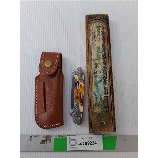 Pocket Knife, Sheath & Vintage Pen Box