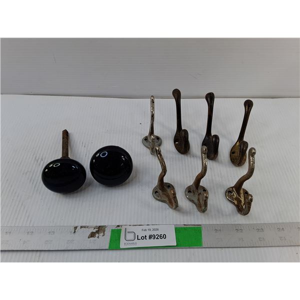 (7) Vintage Coat Hooks & (2) Porcelain Door Knobs